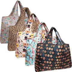 Wrapables Large Foldable Tote Nylon Reusable Grocery Bags, 5 Pack Cuddly Animals