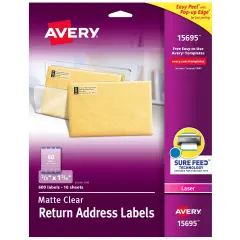 Avery Matte Clear Return Address Labels, Sure Feed Technology, Laser, 2/3" x 1-3/4", 600 Labels (15695)