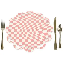 Big Dot of Happiness Pink Checkered Party - Round Table Decorations - Paper Chargers - Place Setting For 12