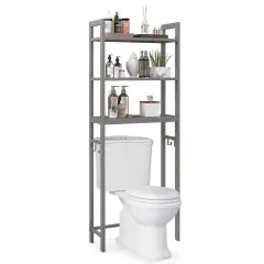 Costway Over-The-Toilet Storage Shelf Space Saving Metal Bathroom Organizer Hooks Grey/White/Brown