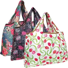 Wrapables Large Foldable Tote Nylon Reusable Grocery Bag, 3 Pack Floral Delight