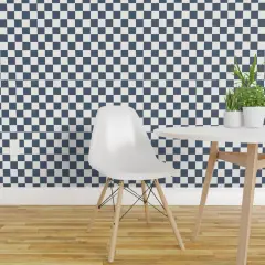 Pre-Pasted Wallpaper 2FT Wide Blue Checkerboard Grid Squares Check Block Print Slate Gray Weathered Distressed Custom Pre-pasted Wallpaper by Spoonflower