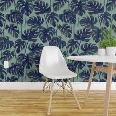 Peel & Stick Wallpaper 2FT Wide Blue Palm Tropical Foliage Rainforest Summer Ink Green Houseplant Custom Removable Wallpaper by Spoonflower