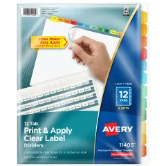 Avery 12 Tab Dividers for 3 Ring Binder, Easy Print & Apply Clear Label Strip, Index Maker Customizable Multicolor Tabs, 5 Sets (11405)