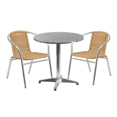 Emma and Oliver 27.5" Round Aluminum Garden Patio Table Set with 2 Rattan Chairs Beige