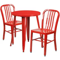 Emma and Oliver Commercial Grade 24" Round Metal Indoor-Outdoor Table Set & 2 Slat Back Chairs Red