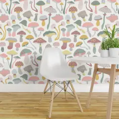 Pre-Pasted Wallpaper 2FT Wide Neutral Mushrooms Neutral Pink Green Kids Baby Nursery Gender Custom Pre-pasted Wallpaper by Spoonflower