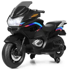 Iron Kids Ride-On Motorcycle with LED, Music and Training Wheels Black