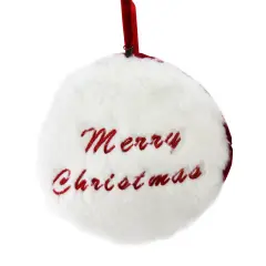 Allstate 7.5" Red and White "Merry Christmas" Faux Fur Decorative Christmas Disc Ornament