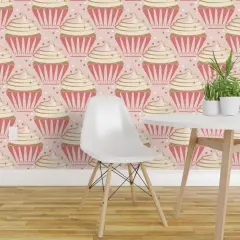 Peel & Stick Wallpaper 2FT Wide Large Scale Pink Cupcakes Atomic Birthday Party Retro Vintage Strawberry Celebration Vanilla Yellow Mid Century Stars Cosmic Cake Desserts Custom Removable Wallpaper by Spoonflower
