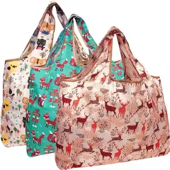Wrapables Large Foldable Tote Nylon Reusable Grocery Bag, 3 Pack Holiday Animals
