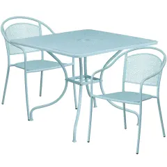 Emma and Oliver Commercial 35.5" Square Metal Garden Patio Table Set w/ 2 Round Back Chairs Sky Blue