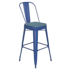 Emma and Oliver Kam Metal Indoor-Outdoor Stool with Removable Back and All-Weather Polystyrene Seat Blue/Teal-Blue