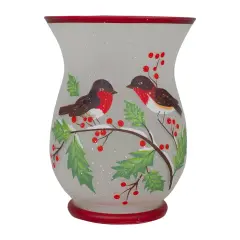 Northlight 8" Hand Painted Finches and Pine Glass Christmas Candle Holder White