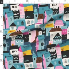Various Fabrics by the Yard or Fat Quarter Black Cat Whimsical Colorful Cityscape Teal Pink Custom Printed Fabric by Spoonflower