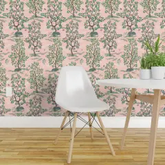 Pre-Pasted Wallpaper 2FT Wide Chinoiserie Pink Botanical Nature Oranges Lemons Birds Custom Pre-pasted Wallpaper by Spoonflower