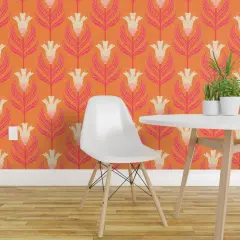 Peel & Stick Wallpaper 2FT Wide Floral Damask Bright Vintage Cream Retro Orange Funky Simple Custom Removable Wallpaper by Spoonflower