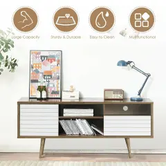 MDF Modern TV Stand, 65 inches Mid-Century, Storage Shelves and Safe Walnut & White