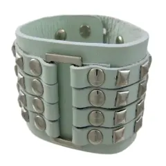 Gray Leather 4 Row Chrome Pyramid Stud Wristband
