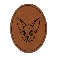 Chihuahua Dog Head Round Iron-On Engraved Faux Leather Patch Applique - 2.5" Brown