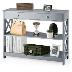 Console Table 3-Tier with Drawer and Storage Shelves Grey