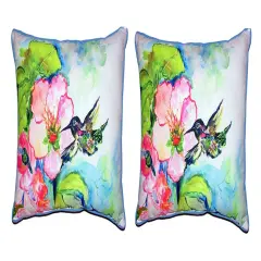 Pair of Betsy Drake Hummingbird and Hibiscus Outdoor Pillows 16 Inch x 20 Inch