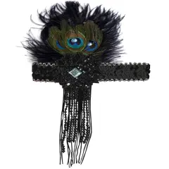 Deluxe Black Sequin Flapper Costume Headband with Peacock Feather