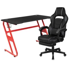Emma and Oliver Gaming Bundle-Cup/Headphone Desk & Reclining Footrest Chair Black