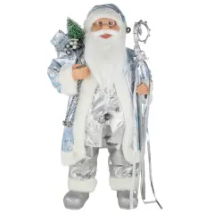 Northlight 24" Blue and Silver Ice Palace Santa Claus with Staff and Bag Christmas Figure