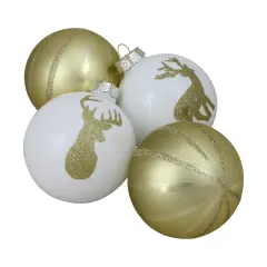 Northlight Deer 2-Finish Christmas Ball Glass Ornaments - 4.5" (110mm) - Champagne Gold and White - 4ct