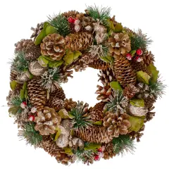Northlight Green and Brown Frosted Pinecones and Bells Christmas Wreath - 13" Unlit