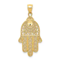14K Yellow Gold Filigree Chamseh Pendant Charm Jewerly 36mm x 16mm