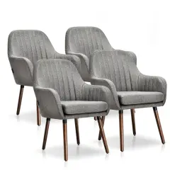 Costway Set of 4 Accent Chairs Fabric Upholstered Armchairs w/Wooden Legs Beige/Gray