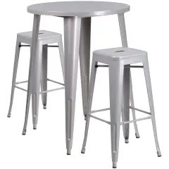 Emma and Oliver Commercial Grade 30" Round Metal Indoor-Outdoor Bar Table Set, 2 Backless Stools Silver