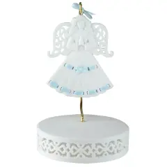 Roman Blue Ribbon Porcelain Angel Ornament With Hanger and Base #46721B White