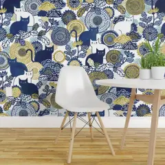 Pre-Pasted Wallpaper 2FT Wide Cat Vintage Floral Gold Cats Navy Blue And Flowers Garden With Custom Pre-pasted Wallpaper by Spoonflower