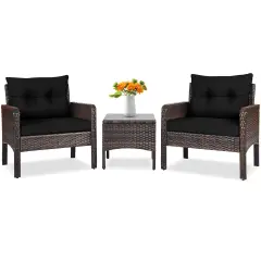 3 Pieces Outdoor Patio Rattan Conversation Set with Seat Cushions Black