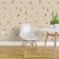 Pre-Pasted Wallpaper 2FT Wide Beige Boats Nautical Sailing Gender Neutral Coastal Seaside Country Style Cottagecore Chic Beach Large Scale Custom Pre-pasted Wallpaper by Spoonflower