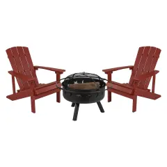 Merrick Lane Ayala 3 Piece Outdoor Leisure Set with Set of 2 Poly Resin Adirondack Chairs and Star and Moon Iron Fire Pit Red