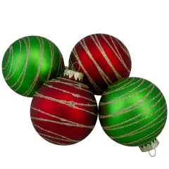 Northlight Glittered Golden Stripes Christmas Glass Ball Ornaments - 3" (75mm) - Red and Green - 4ct