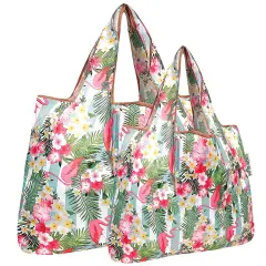 Wrapables Large & Small Foldable Tote Nylon Reusable Grocery Bags, Set of 2 Flamingos Flowers