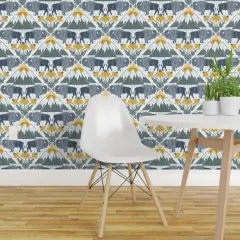Pre-Pasted Wallpaper 2FT Wide Bison Western Floral Blue Yellow Mountains Prairie National Parks Wildflower Lattice Custom Pre-pasted Wallpaper by Spoonflower