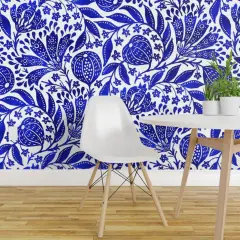 Pre-Pasted Wallpaper 2FT Wide Cobalt Blue Botanical Bright White Indian Floral Figs Custom Pre-pasted Wallpaper by Spoonflower