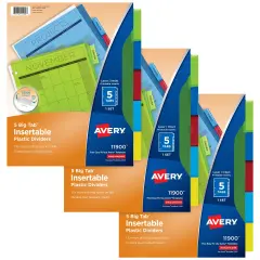 Avery Dividers for 3 Ring Binders, 5-Tab Binder Dividers, Plastic Binder Dividers, Insertable Big Tab, Multicolor, 3 Sets (71900)