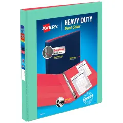 Avery Heavy-Duty Dual Color 3 Ring Binder, 0.5" One Touch Slant Rings, 135-Sheet Capacity, 0.7 Inch Wide Spine, Home, School Supplies, Office, or Organization Needs, Mint/Coral Binder (17881)