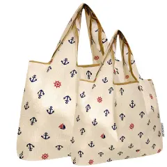 Wrapables Large & Small Foldable Tote Nylon Reusable Grocery Bags, Set of 2, Anchors Away