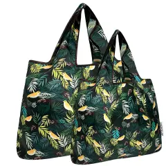 Wrapables Large & Small Foldable Tote Nylon Reusable Grocery Bags, Set of 2, Birds in Ferns