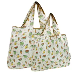 Wrapables Large & Small Foldable Tote Nylon Reusable Grocery Bags, Set of 2, Happy Food