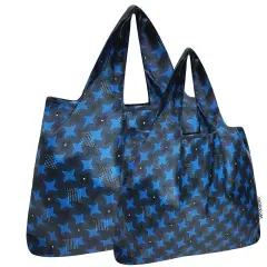 Wrapables Large & Small Foldable Tote Nylon Reusable Grocery Bags, Set of 2, Ninja Stars