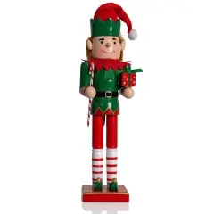 Ornativity Christmas Elf Holiday Nutcracker &ndash; Red and Green Wooden Elf with Candy Cane and Gift Box Xmas Themed Holiday Nut Cracker Doll Figure Toy Decorations